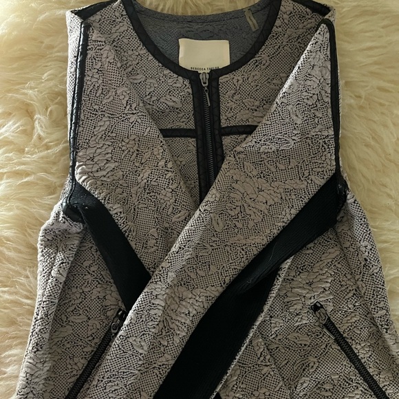 Rebecca Taylor Tan/Black Herringbone Wool/ Lambskin Leather Cropped Blazer - Picture 3 of 7